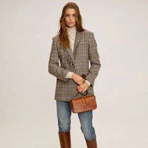 NWT Mango Plaid Blazer / Jacket with Fringe Sz S Equestrian Academia Preppy